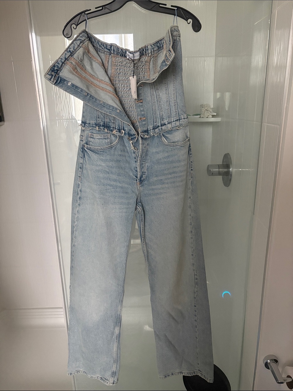 Zara Light Blue Strapless Wide-Leg Denim Jumpsuit - Picture 1 of 4